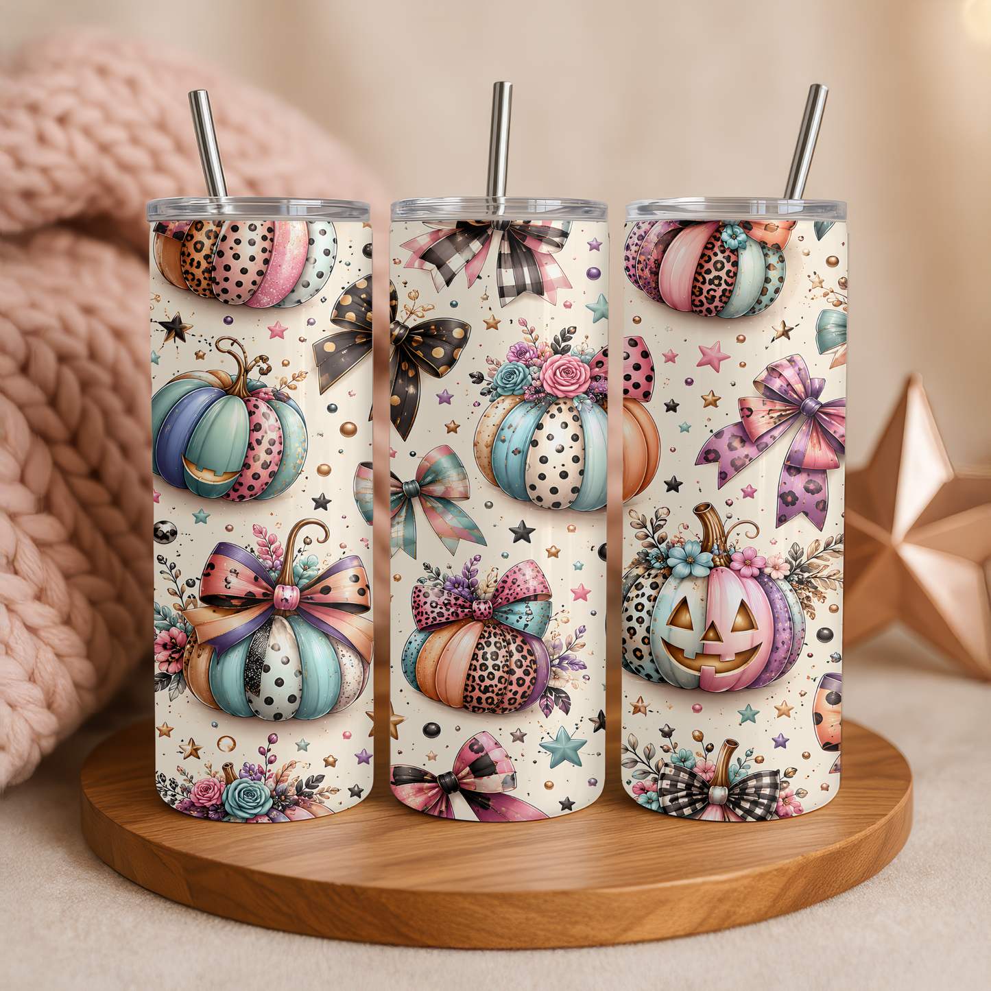 Pastel Pumpkin & Coquette Bow Halloween Holographic Tumbler I 20oz