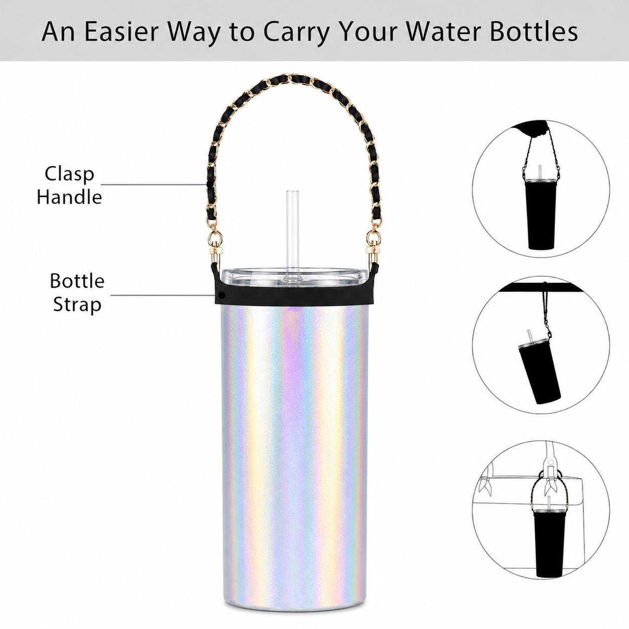 Tumbler Carry Strap with Chain Handle | Fits Bottle Carrier for 8oz–40oz Tumblers
