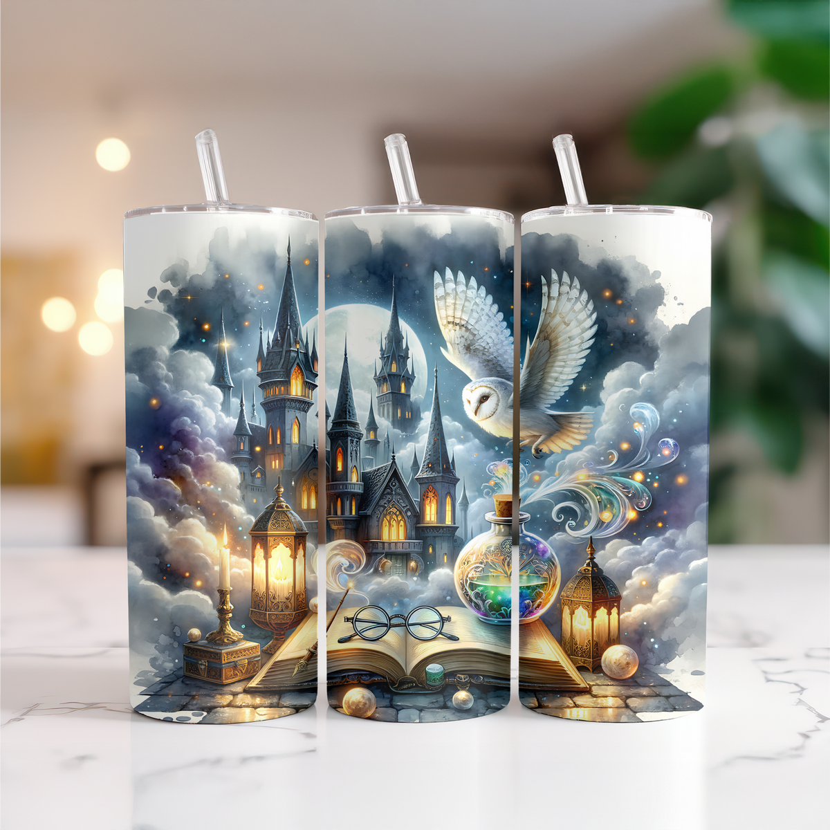 Enchanted Midnight Reader Holographic Tumbler | Magical Castle & Owl Bookish Cup I 20oz