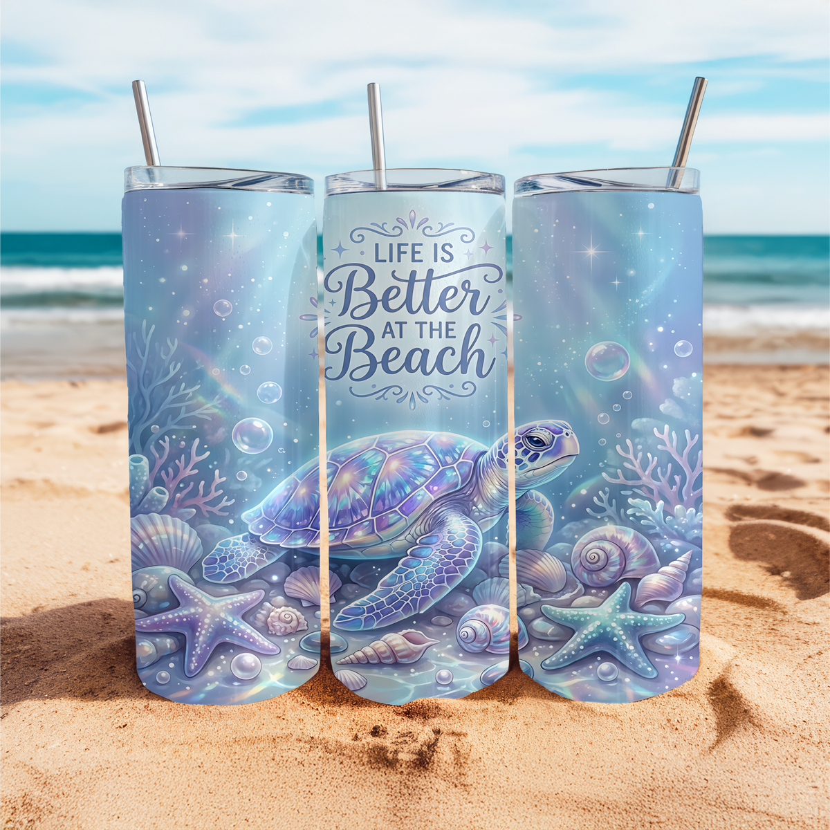 Coastal Escape Holographic Tumbler I Sea Turtle Beach Insulated Tumbler I 20oz
