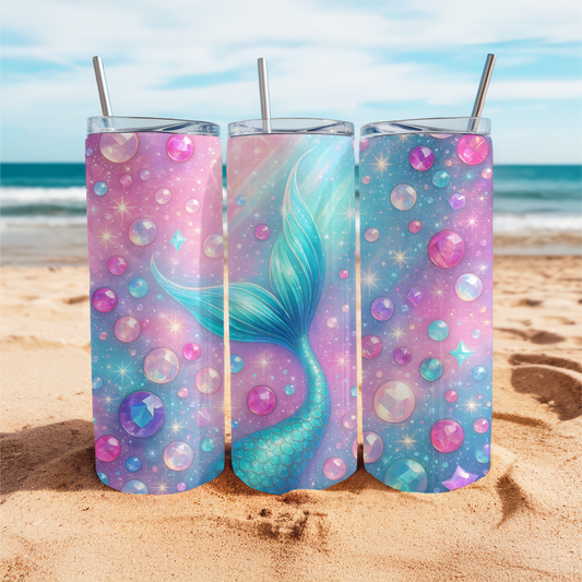 Mermaid Treasure I Colorful Mermaid Tail & Gemstone Insulated Holographic Tumbler I 20oz