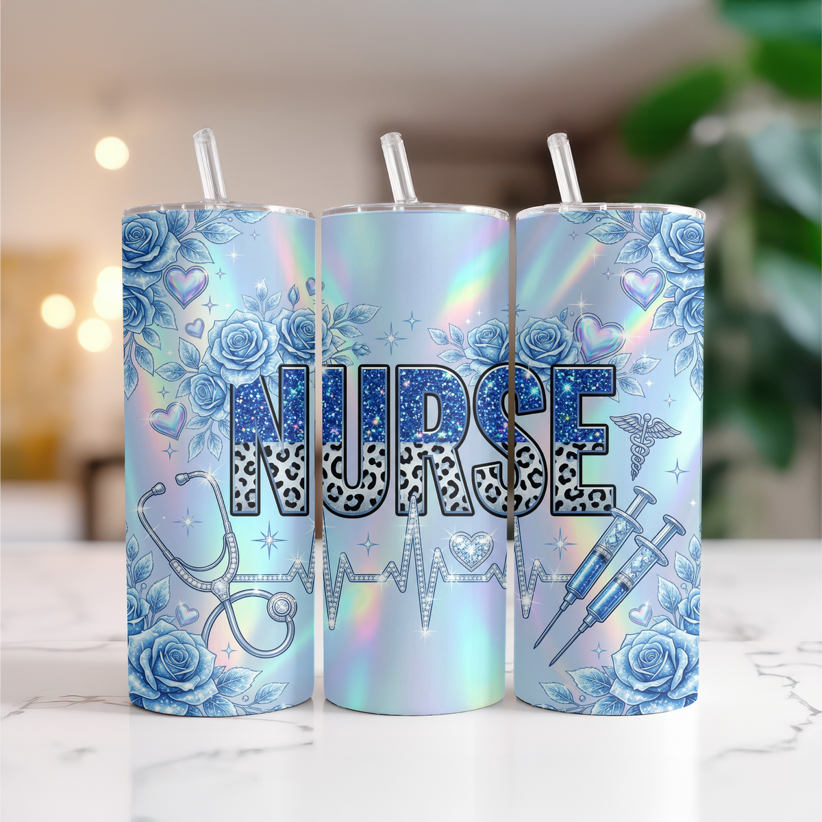 Blue Rose Nurse Holographic Tumbler I Healthcare Worker Gift I 20oz