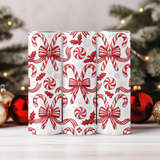 Candy Cane Christmas Tumbler I  Peppermint Bow Holiday I 20oz