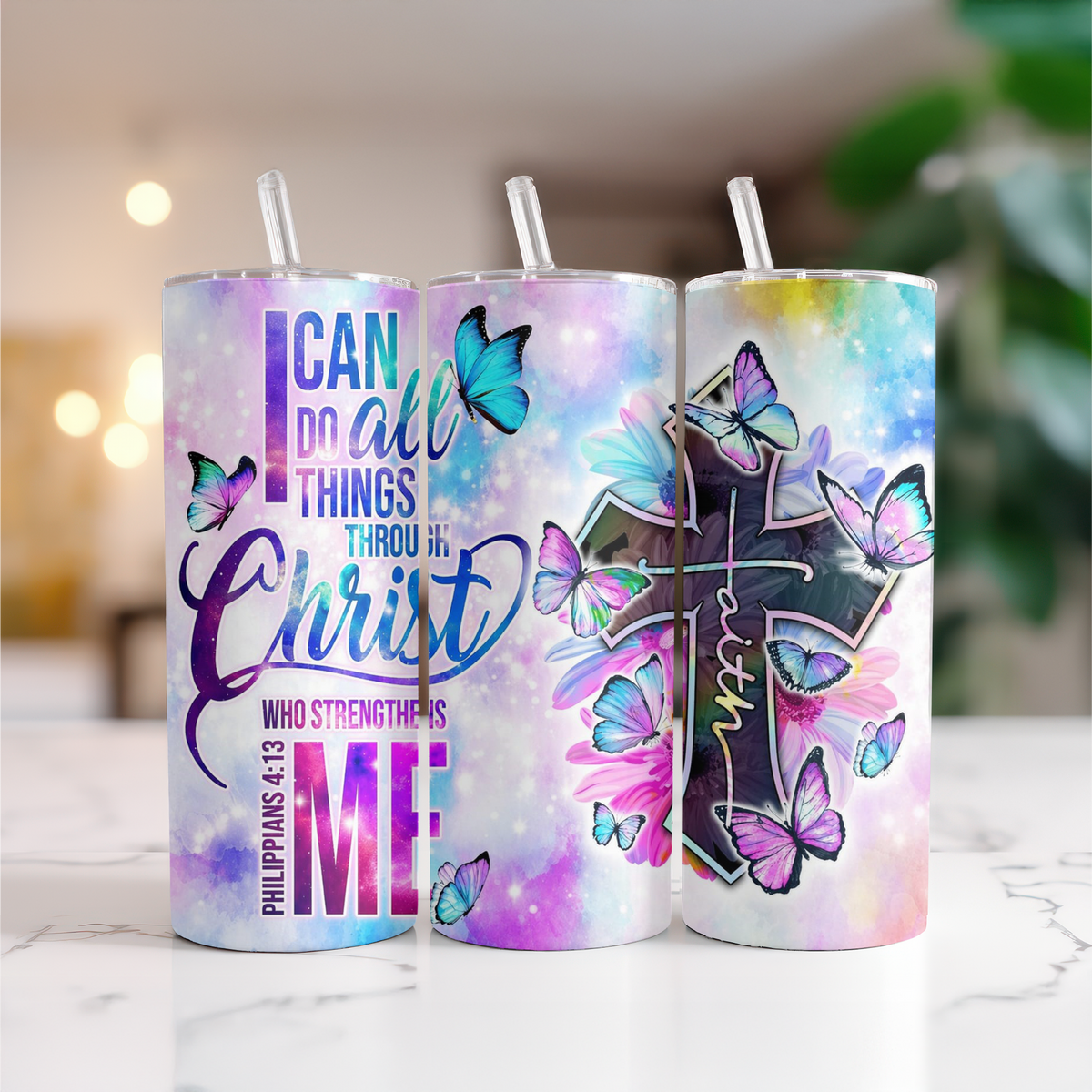 I Can Do All Things Through Christ Butterfly Holographic Tumbler I 20oz