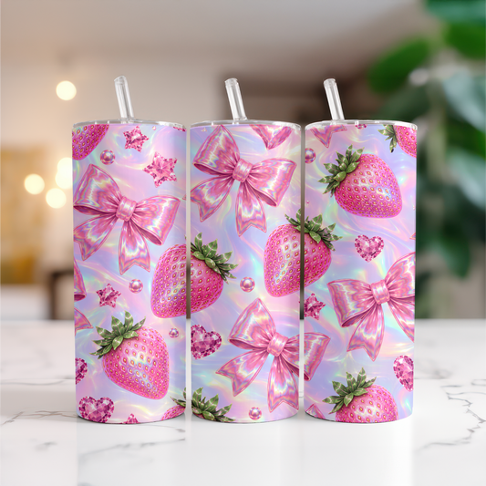 Strawberry Bow Holographic Tumbler I Pink Coquette I 20oz