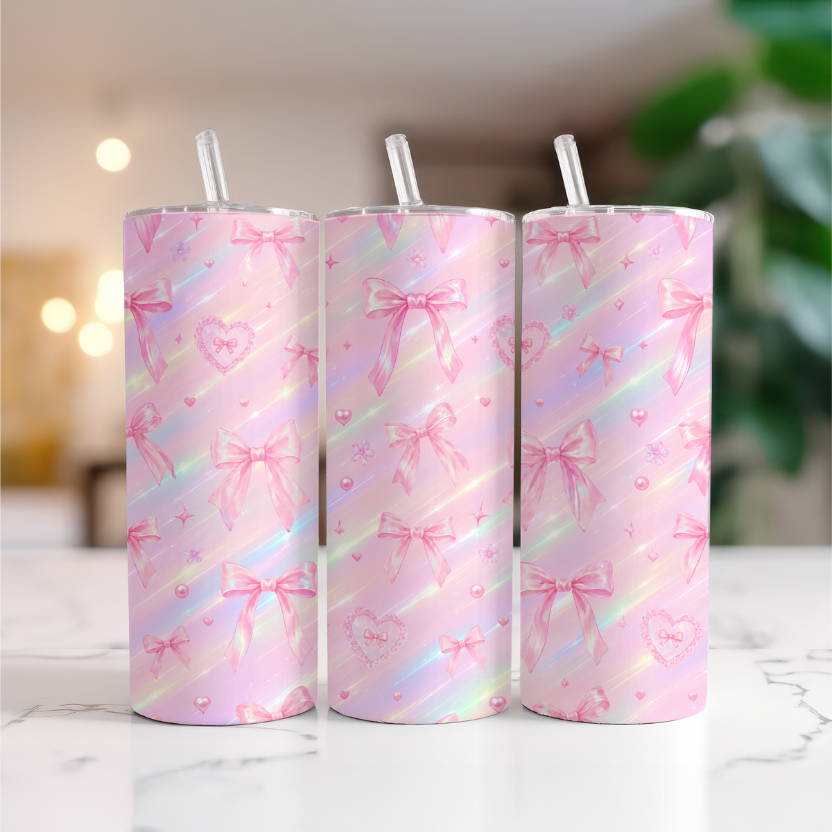 Pretty Pink Bows Holographic Tumbler I Pink Coquette I 20oz