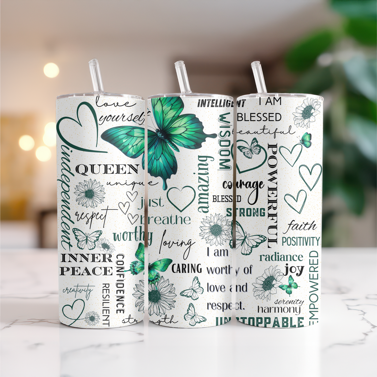 Positive Affirmation Holographic Tumbler I Green Butterfly Self Love I 20oz
