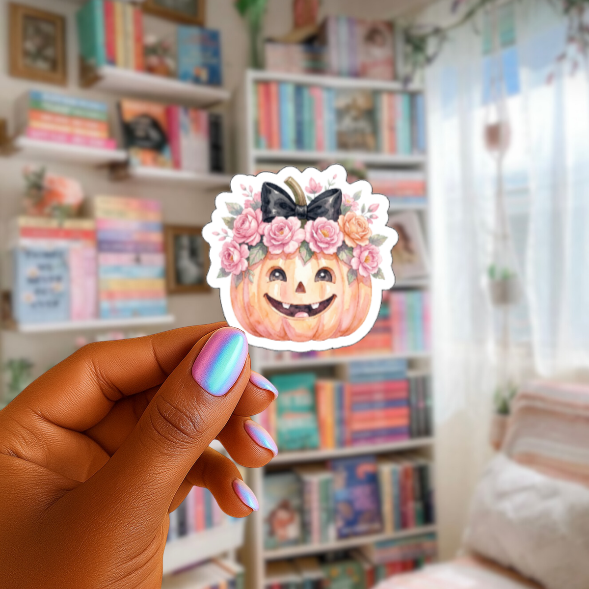 Floral Pumpkin Halloween Holographic Sticker