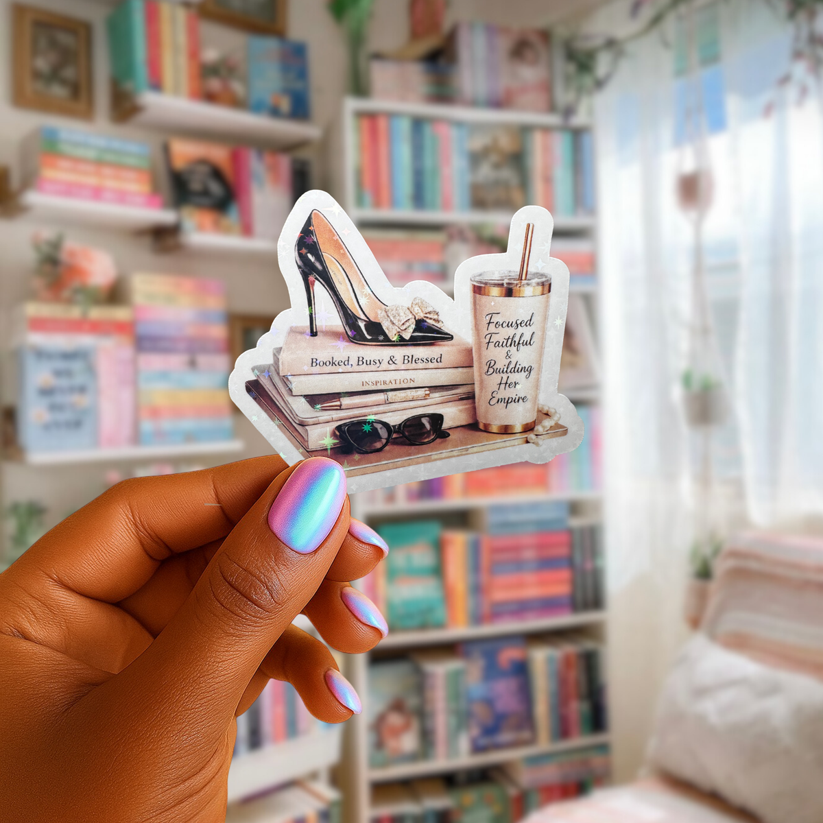 Booked Busy Blessed Holographic Sticker