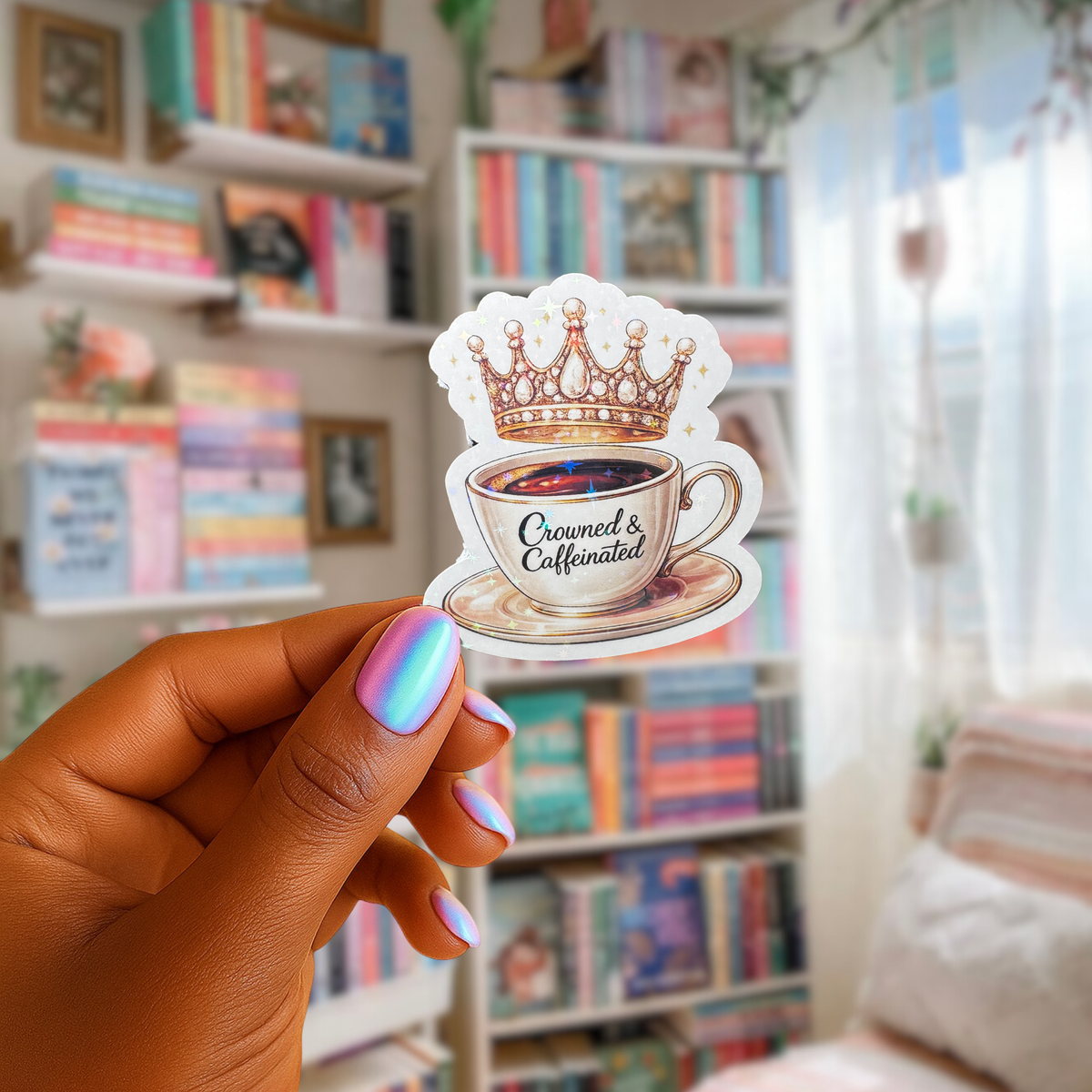 Crowned and Caffeinated Holographic Sticker